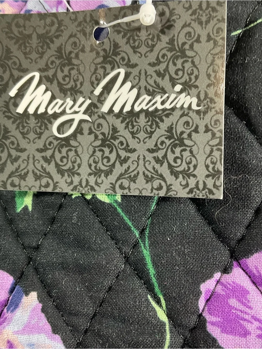 Quilted Floral Tote Bag in Black with Purple Flowers